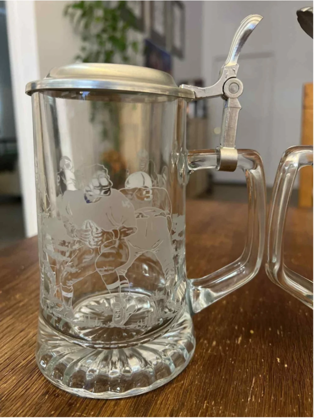 Vintage German Beer Stein Set Etched Glass Football Golf Sports Scenes Pewter